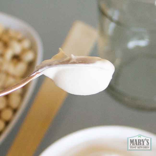 upside down spoon of Greek-style peanut yogurt