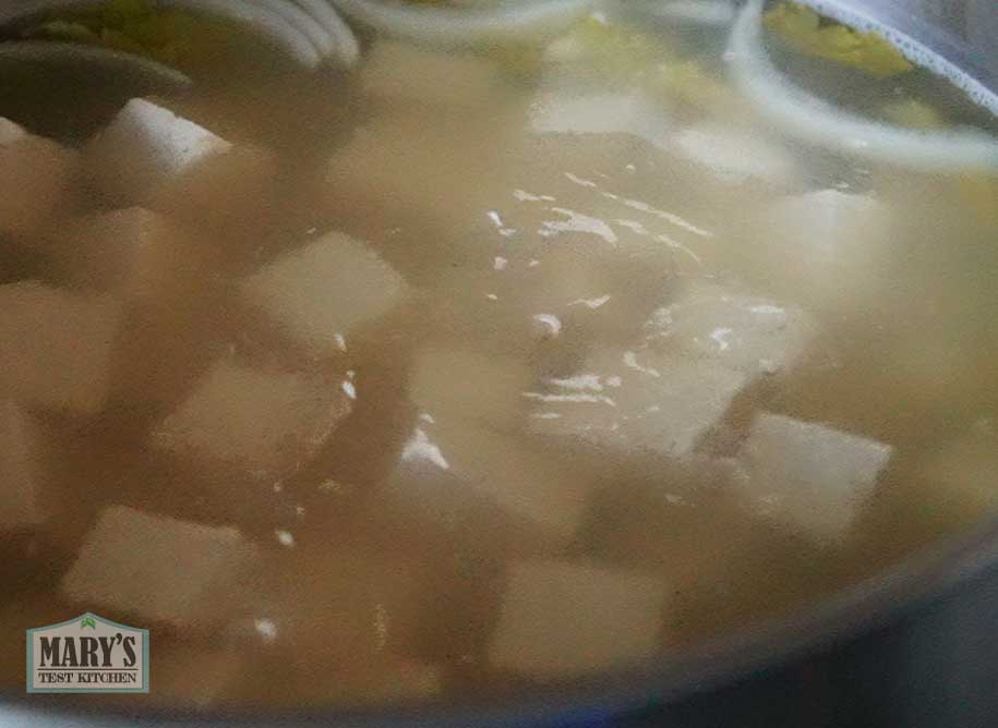 cubed tofu simmering in broth with aromatics