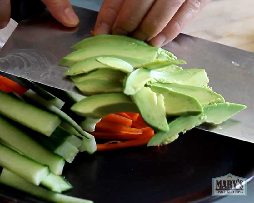 fillings slices for temaki: carrot, cucumber and avocado
