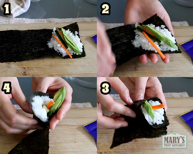 4 steps for how to roll up a sushi cone AKA temaki