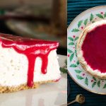 Vegan Keto Cheesecake slice and whole cranberry sauce topped cheesecake