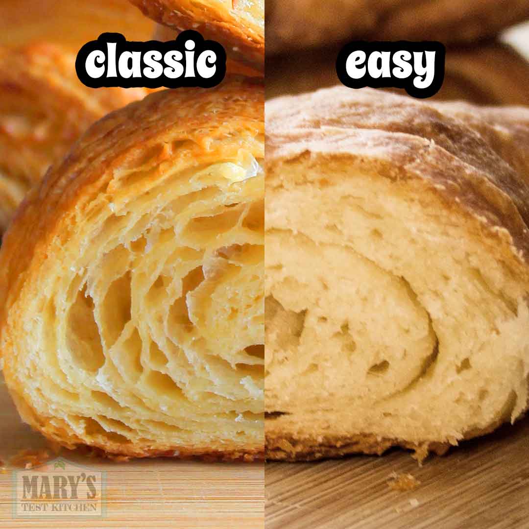 comparison of my original classic vegan croissant crumb vs the easy version