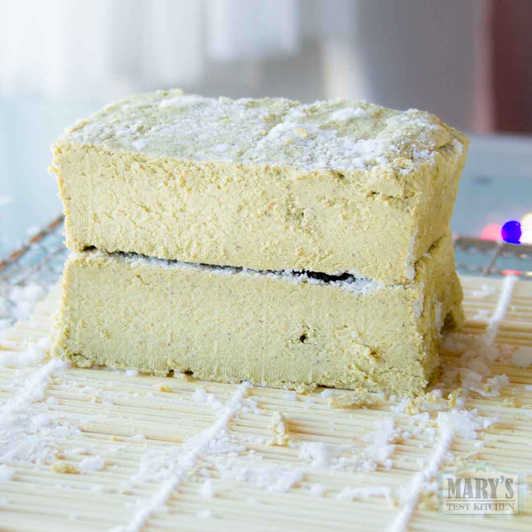 Pulp-Free Pistachio Cheese aged 22 hours in dehydrator and cut open