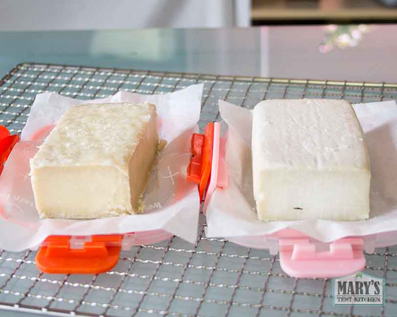 aged peanut cheeses on day 4 of aging before going into the fridge