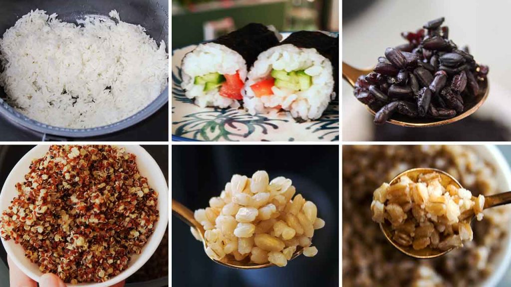 2 grains cooked in the cosori rice cooker: jasmine, sushi, and black rice; plus quinoa, barley and farro cooked perfectly