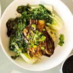 Air Fryer Eggplant Unagi Dinner with Fried Rice and Charred Bok Choy