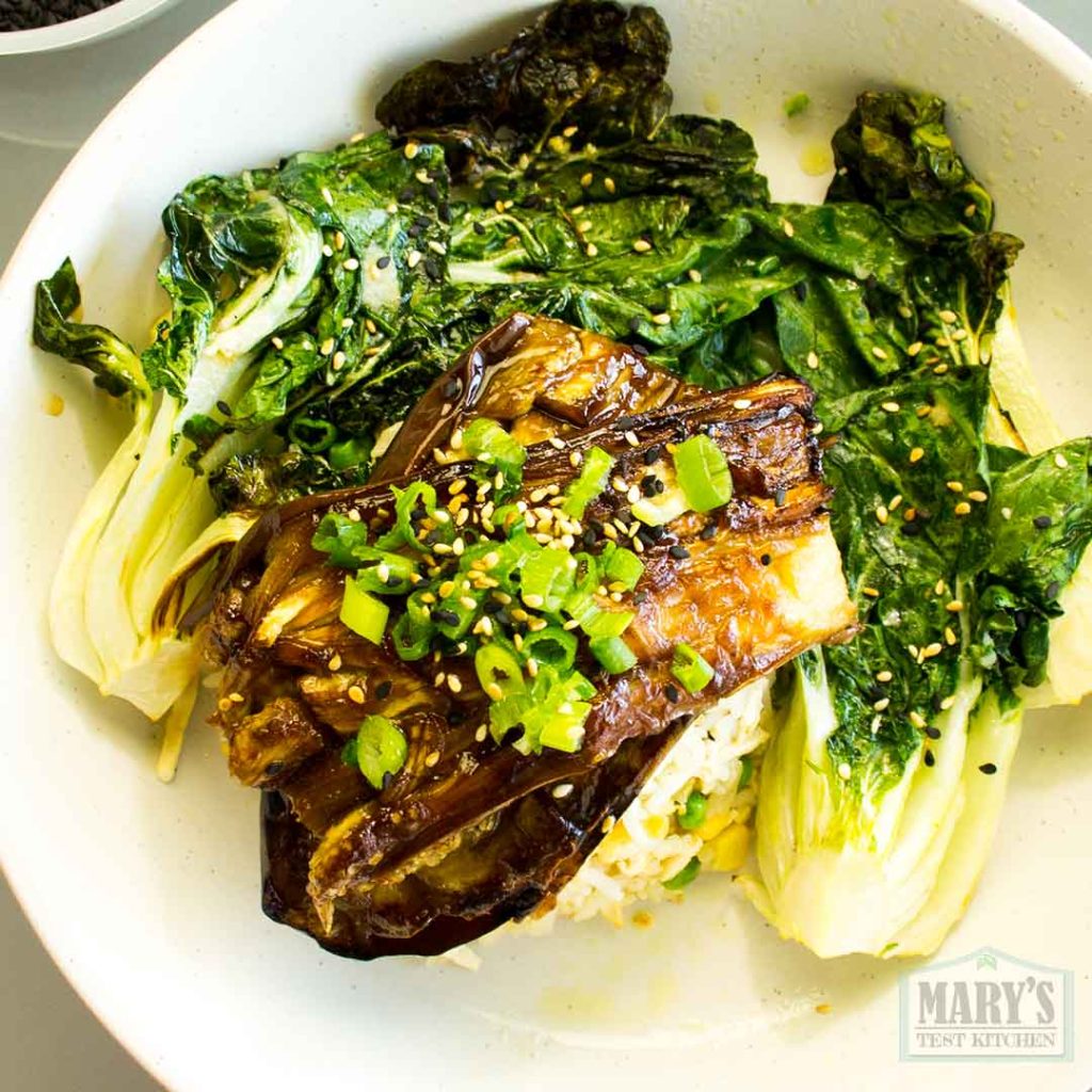plate of air fryer eggplant unagi, bok choy and fried rice