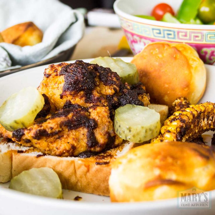 Air Fryer Nashville Hot Chicken Tofu, Corn Ribs & Biscuits