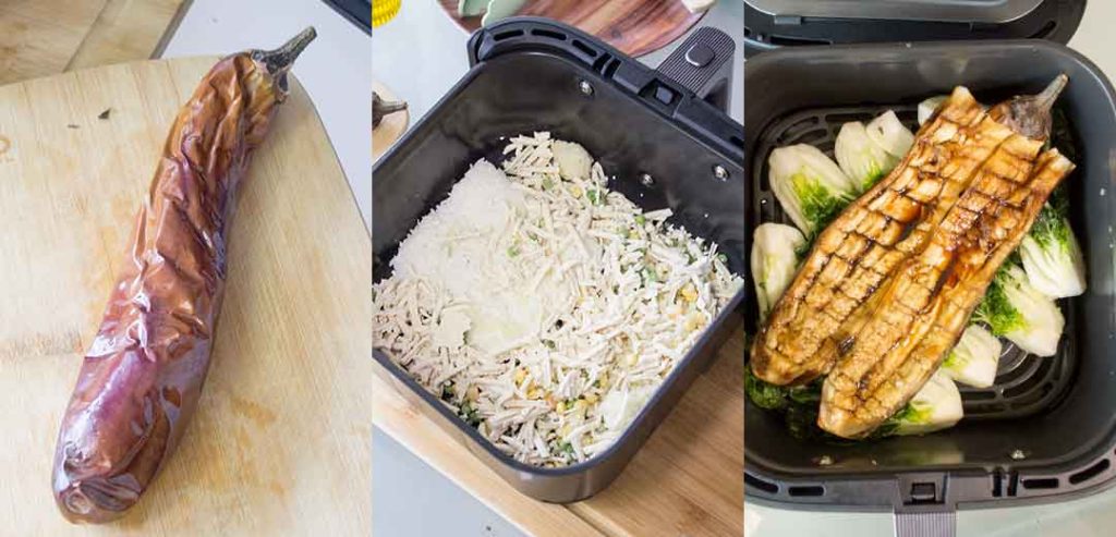 stages of cooking eggplant dinner with fried rice and bok choy