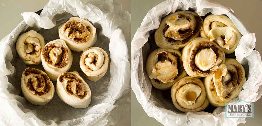 before and after proofing cut cinnamon rolls