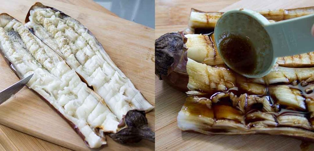 cooked eggplant split and slashed to spoon unagi sauce into