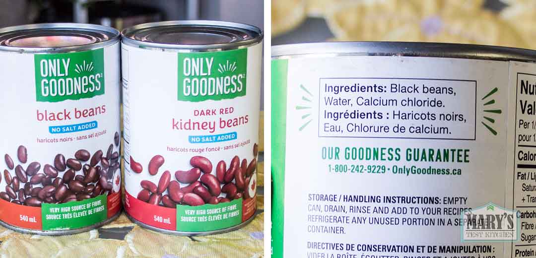 canned black beans and kidney beans showing ingredient list with only beans, water and calcium chloride